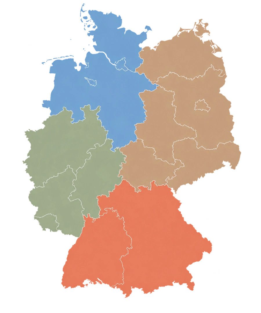 Deutschlandkarte: Nord in Blau, West in Salbeigrün, Süd in Terrakotta und Ost in Sandbraun, mit eingezeichneten Bundesländergrenzen. Wähle eine Region über die Liste aus.