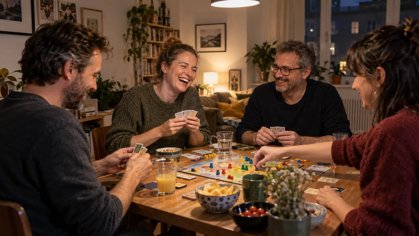 Vier Freunde sitzen gemeinsam an einem Tisch, spielen und lachen.
