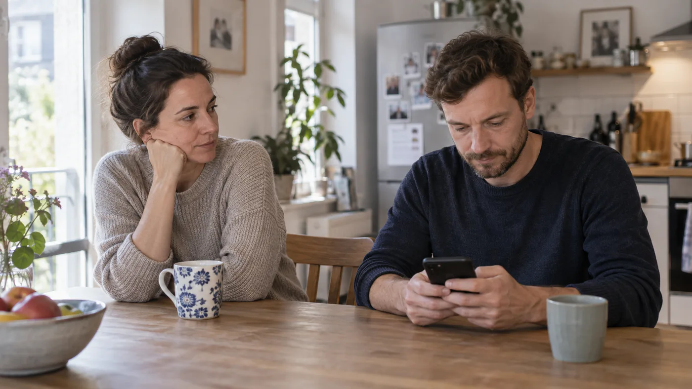 Eine Frau schaut einen Mann nachdenklich an, während er auf sein Smartphone schaut.
