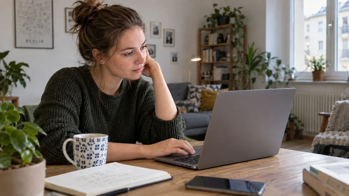 Junge Frau sitzt nachdenklich an einem Laptop.
